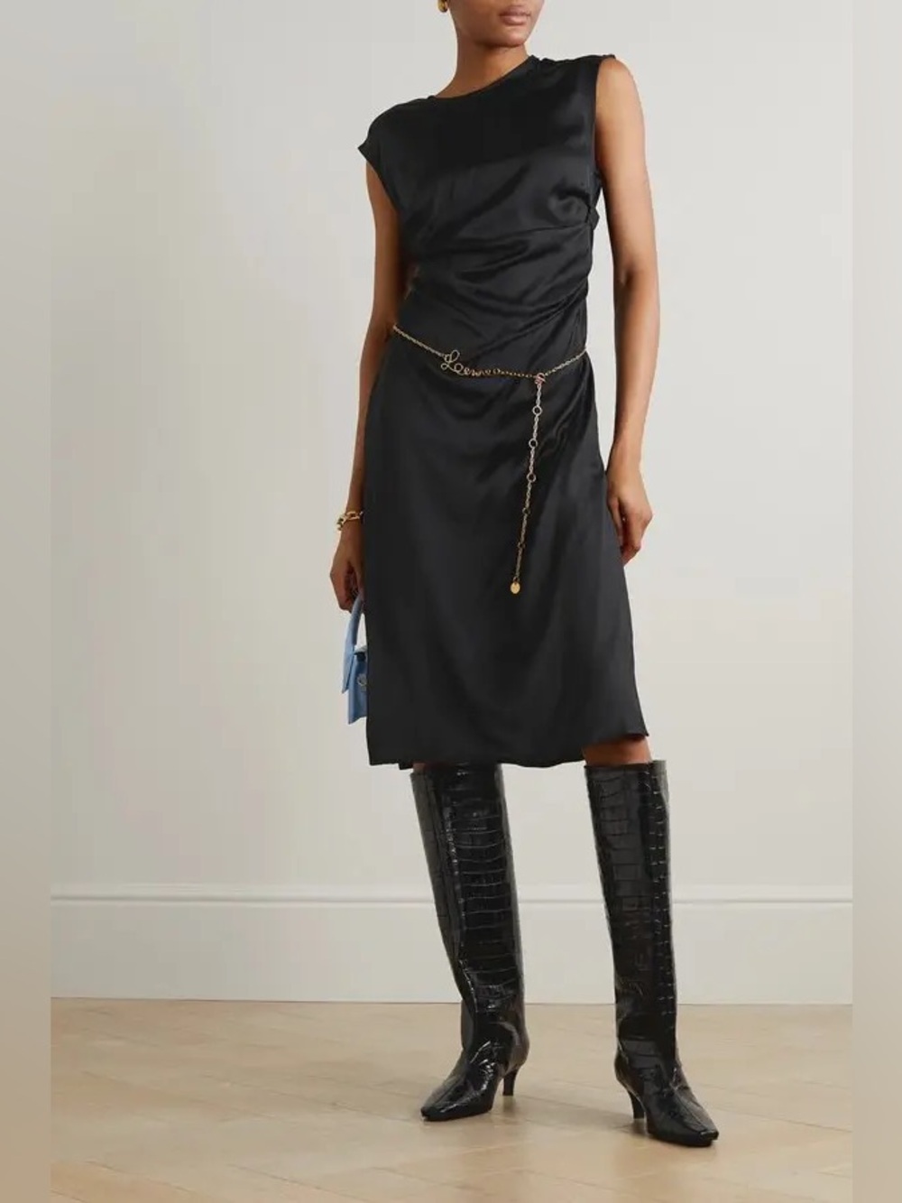 NWT HOLZWEILER Isabell Button-Embellished Gathered Satin Midi Dress Black XS